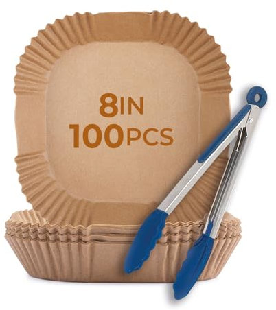 Swankees Forros desechables para freidora de aire de 8 pulgadas – 100 piezas de forma cuadrada, forros de papel pergamino resistentes al aceite y al agua, adecuados para freidora de aire, microondas,