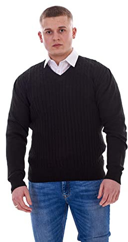 Mens Jumper Cable Knit V-Neck Chunky Pullover Warm Casual Long Sleeve Sweater Black