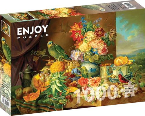 1000 Pieces Jigsaw Puzzle – Matte Finish, Soft Touch, Sturdy and Unique Pieces, Tight Fit, Vivid Colors, Missing Pieces Service – Fruit and Flower Still Life – Schuster Famous Painting by ENJOY Puzzle