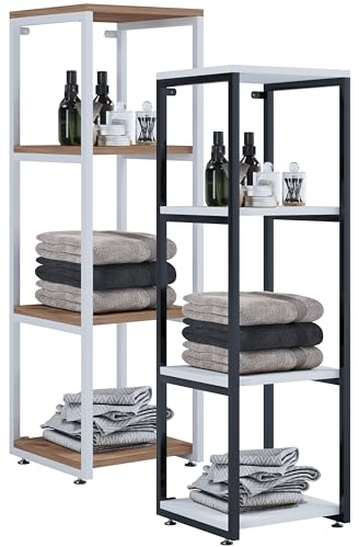 VCM Holz Badezimmerschrank | Badmöbel Metall Industrial Style | Stand Badregal | Maße ca. H. 112 x B. 35 x T. 35 cm - Bitila L Schwarz/Weiß