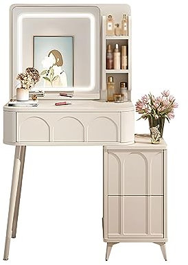 60cm Makeup Vanity with Lights and Drawers, Cream Style Vanity Set with Mirror and Stool, Dressing Table with Side Cabinet, Small Footprint, Drawer with Rebound Device, Open with a Light Press ( Color