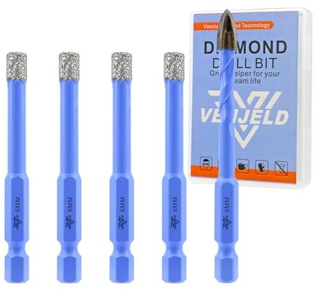 Juego de Brocas Diamante Seco - 4 Piezas 6mm Corona Diamante y 6mm Broca de Carburo para Baldosas de Porcelana Cerámica Mármol Granito - Vástago Hexagonal de Cambio Rápido con Estuche VENJELD