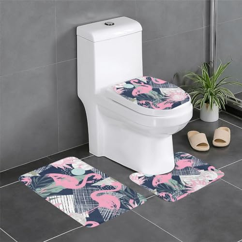 DENMER Badezimmerteppich-Set mit pinkem Flamingo und Blättern, rutschfeste Unterseite, leicht zu reinigen, perfekt für Badezimmer, Waschtisch, Gäste-Suite, 3-teilig