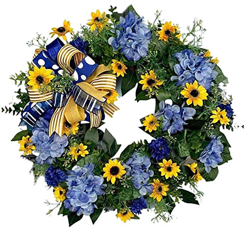 Spring Summer Hydrangea Wreath Artificial Blue Hydrangea Yellow Sunflower Wreath Blue and Yellow Wreaths Flower Garland Front Door (45 x 45 cm)