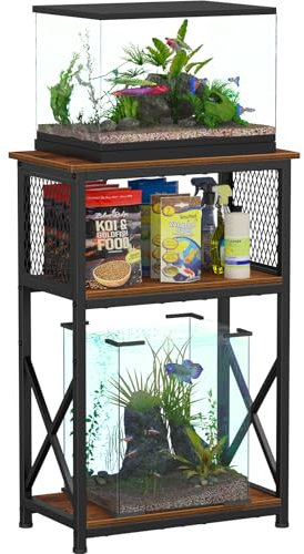 Snughome Aquariumständer mit Stauraum, 3 Etagen, schweres Metall, 52 x 29 x 78,5 cm, rustikales Braun