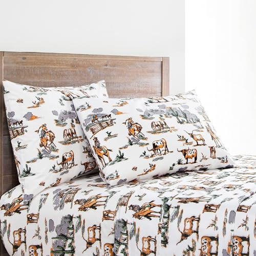 Paseo Road by HiEnd Accents Ranch Life Western-Bettwäsche-Set, 4-teiliges Queensize-Bettlaken-Set, grün-weiß, Kuh, Cowboy, Longhorn, Pferd, Rodeo-Druck, Baumwolle, rustikale Bettwäsche, 1 Bettlaken, 1