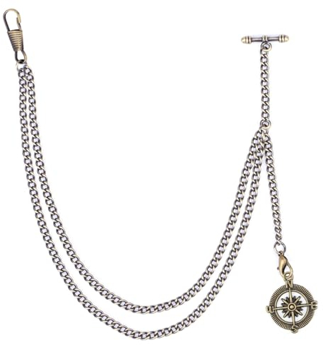 ManChDa Pocket Watch Chain - Pocket Watches Chains for Men with Compass Pendant, Pocket Watch and Chain, Albert Chain Fob T Bar Curb Link T-Bar Chain 2 Hook Antique for Men | Bronze