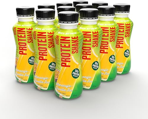 Body Attack High Protein Shake – Maracuja Vanilla Ice – 12 x 500 ml ciascuno 50 g di proteine – frullato proteico ipocalorico per la costruzione muscolare – bevanda pronta con proteine del latte
