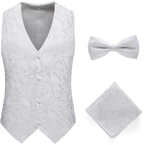 ULPUDFAO Trachten Weste, Slim Fit Einreihige Jacquardweste, Elegante Ärmellose Smokingjacke Mit Fliege Und Einstecktuch, Schickes Weste Top Für Hochzeit, Party, Kleid, Für Männer, Weiß, Xs