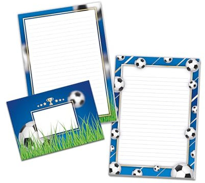 Briefpapier-Set mit 2 Schreibblöcken und 25 Umschlägen für Kinder Schulheft Heft Notizblock Fußball (1 Block Grün und 1 Block Bälle A5 mit je 25 Blättern + 25 Briefumschläge)