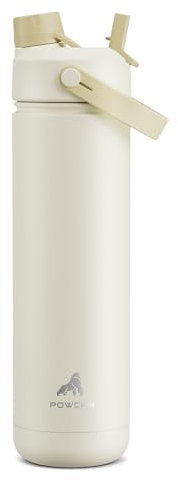 POWCAN Botella de agua térmica de 768 ml/26 oz con pajita y boquilla 2 en 1, mantiene el frío 24 horas, a prueba de fugas, se adapta al portavasos del coche, botella de acero inoxidable (Oat)