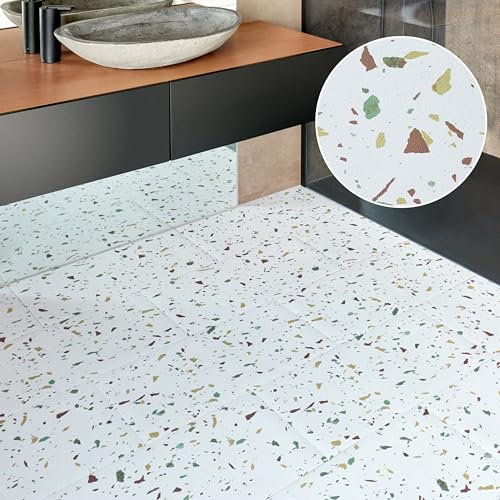 Vinyl Floor Tiles Self Adhesive - 30 Pack to Cover 59.92 sqft (5.57 sqm) - Vinyl Flooring Tile Size 12x24 in (30.4 x 60.9cm) - Large Rectangular Peel and Stick Floor Tiles White Grey Terrazzo Effect