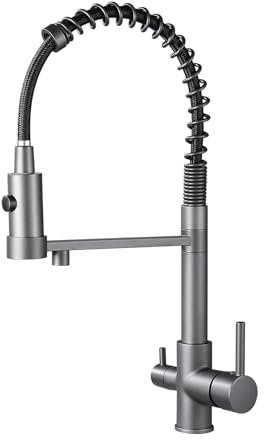 Zeffrary Rubinetto Cucina 3 Vie,rubinetto miscelatore girevole a 360°,Miscelatore per Lavello Con Beccuccio Flessibile, Rubinetto per Lavello Da Cucina per Acqua Fredda e Calda e Filtro (Grigio)