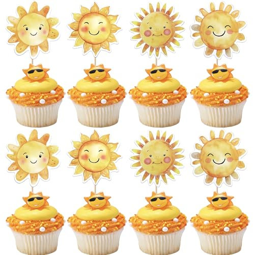 Xsstarmi 36 Packung Cupcake-Topper mit Sonne, Smiley, Sonnenschein, Blume, Cupcake-Picks für Cartoon-Sonne-Thema, Babyparty, Geburtstagsparty, Kuchendekoration, Zubehör