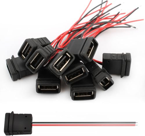 VISSQH 10 Pièces USB A 2 broches connecteur Femelle,USB Type A souder connecteur 24AWG Type A Câble d'extension 2 fils 3A USB Type A Montage sur Panneau connecteur