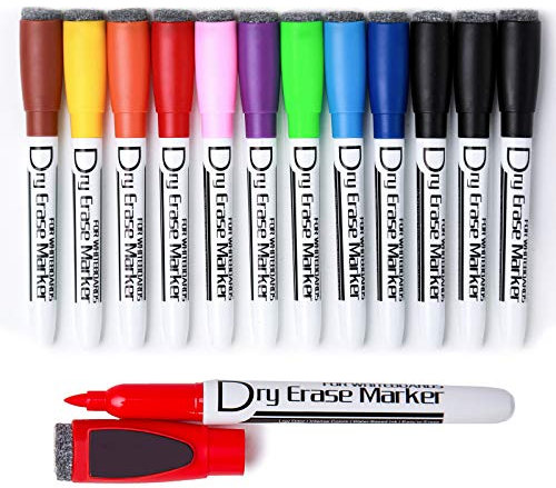 VILMA Magnetic Whiteboard Pens With Erasers Dry Wipe Pens for Whiteboard Dry Erase Markers, Fine Point,12 Pack (Multicolour)