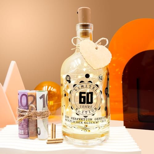 JUNUNDJING Decorative Birthday Bottle, LED Bottle Light, 60th Birthday Decoration, Transparent Black Glass Linen, Gift for Women Men from 60