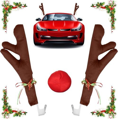 Gcffom Rentiergeweih Auto, Auto-Geweih-Dekorationsset, Weihnachtsdeko Auto Rentier Rentier Autokostüm Reindeer, Rentiergeweih-Nasen-Set, Weihnachtsfahrzeug Dekoration