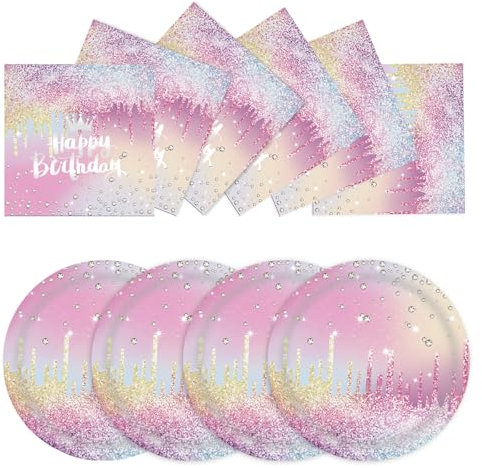 EVYIENEN 50 Pcs Colourful Glitter Diamond Tableware Set, 25x7inch Paper Plates & 25x6.5inch Napkins Disposable Paper Plates Party Supplies for Women and Girls Birthday Wedding Decorations - Serves 25