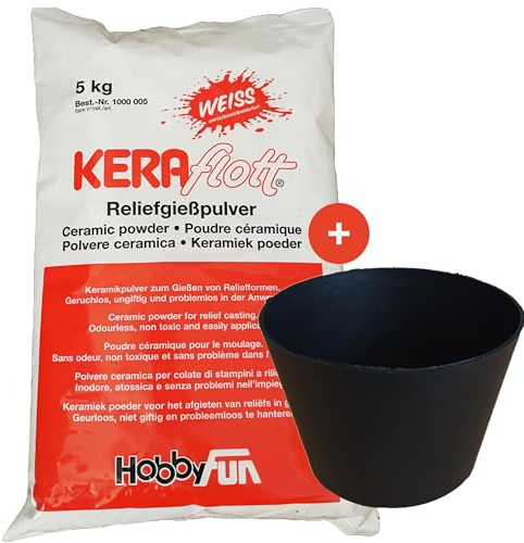 KERAflott Reliefgießpulver weiß 5 kg mit Gipsbecher in schwarz (Durchmesser: 125 mm und Höhe 90 mm)