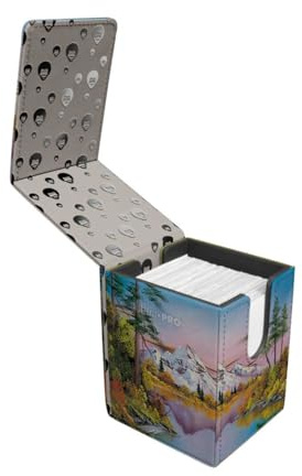 Ultra Pro - Bob Ross Mighty Mountain Lake Alcove Flip, TCG Art Storage Box, Premium Deck Protector, Luxury Magnetic Deck Organizer, Bob Ross Trading Card Case Dual-Notch Easy Access Design