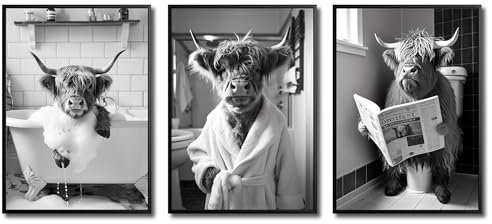 JINZUNRUI Badezimmer Deko Bilder, Schwarz-weiß Bad Poster A4 Wandbilder, Lustige Schottische Hochland Kuh auf WC Toilette Wand Deko, Leinwand Badezimmer Bilder- Ohne Rahmen