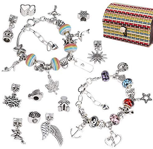 Jesustree Charm Armband Kit DIY, 58Pcs Schmuckherstellung Bastelset mit Anhänger Farbe Perlen Silber Ketten, Handgemacht Geschenke für Mädchen Teens Geburtstag Jubiläum
