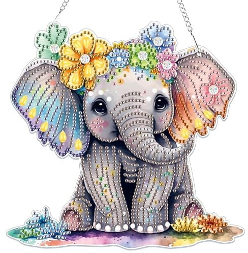 Lxmsja 5D Diamond Painting Anhänger Elefant, Tier Diamond Painting Kinder Erwachsene, Hängende Ornament Bastelset Kreativ Set für Erwachsene Geschenk Mädchen 7 8 9 10 11 Jahre, Kranz Tür Fenster Deko