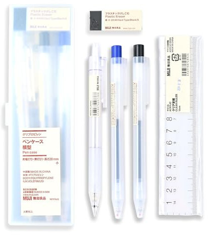 MENBLY MU-JI Schreibwaren-Bleistift-Set – Federmäppchen, Druckbleistift, 2 Kugelschreiber, Radiergummi, Lineal – minimalistisches Design zum Skizzieren, Zeichnen und Zeichnen – Organisieren und