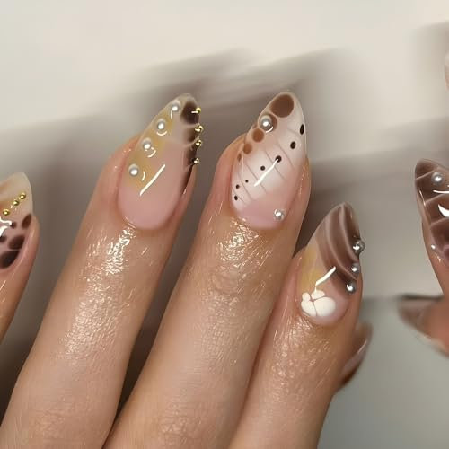 SXVME French Tip Press on Nails Medium Almond, Brown False Nails with Crocodile Print Pearls Charms Full Cover Natural Nude Fake Nails for Women Daily Wear 24 Pcs