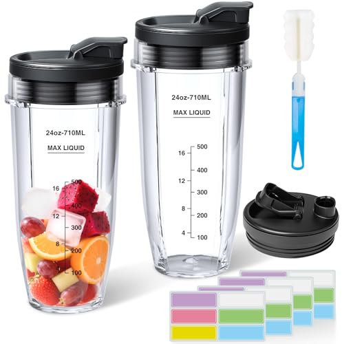 GuanQiao 2-Pack 24oz Blender Cups: Replacement For Ninja, With Sip/Seal Lid, Cleaning Brush & 24pcs Writable Labels. Fits BN401/BN751/BN801/BN800/BL450/BL456/BL480/Foodi SS401/SS101/TWISTi SS151/SS351