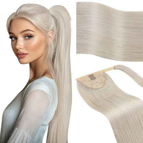 Vivien Ponytail Extension Echthaar Blond 30 cm Kurz Invisible Echthaar Zopf Haarverlängerungen Natürlich Platinblond Gerade 70g #60