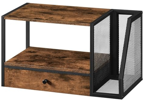 MAHANCRIS Desktop Printer Stand with Storage Drawer, Multi-Functional Desk Organizer, 2-Tier Printer Table with Storage Shelf, for Home Office, Scanner, 3D Printer, Rustic Brown and Black APTHR3001