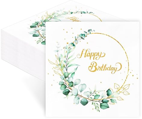 40 Stück Servietten Geburtstag, Happy Birthday Servietten, Serviettens Eukalyptus Grün Salbeigrün für Frühling Deko, Kommunion, Konfirmation, Taufe, Geburtstag