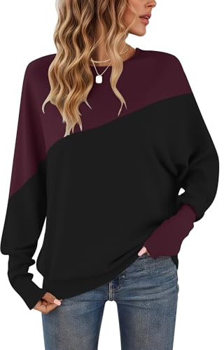 WNEEDU Langarmshirt Damen ColorBlcok Fledermausärmel Herbst Pullover Damen | Patchworkfarbe Zweifarbig Sweatshirt Damen Lässig Farbblock Oberteile damen Enge Manschetten