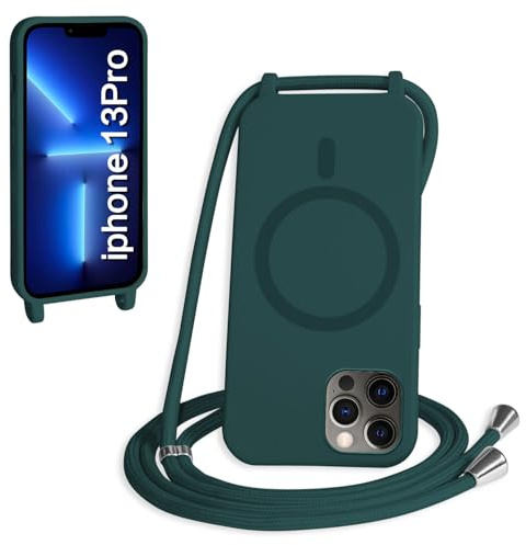 FMPCUON Magnétique Coque avec Cordon pour iPhone 13 Pro, [Compatible avec MagSafe] Etui Collier Réglable Téléphone Étui Portable Lanyard Case Protection Complète Cover,Vert