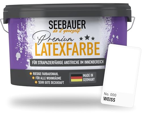 SEEBAUER diy Latexfarbe Weiß für Innen 10L (No. 000 Weiß) - Seidenmatte Innenfarbe für Putz, Beton & Mauerwerk - Abwaschbare Wandfarbe für Küche & Bad