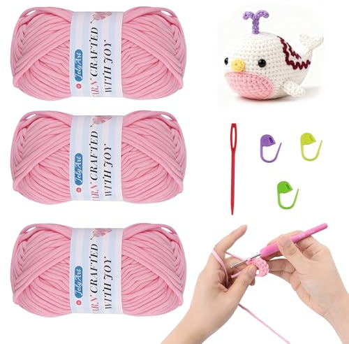 JelyArt, filato per uncinetto per principianti, 3 x 50 g, filato di cotone spesso senza nodi, filato di cotone grosso per uncinetto, filato di cotone semplice per lavorare a maglia, rosa