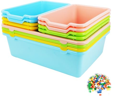 BOJVESH 12 Pcs Plastic Cubby Storage Bins, Stackable Book Bins for Classroom Office Home, 16 and 11 Inch Multi-Purpose Toy Storage Containers Organizer for Library Nursery