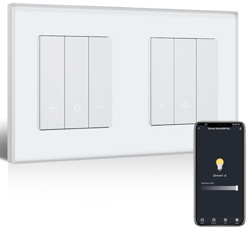 BSEEDLIFE Double Interruptor Regulador Inteligente WLAN con Marco de Cristal, Interruptor Regulable WiFi, Compatible con Alexa, Google Home, Interruptor de luz Empotrable, Blanco (Se necesita Neutro)