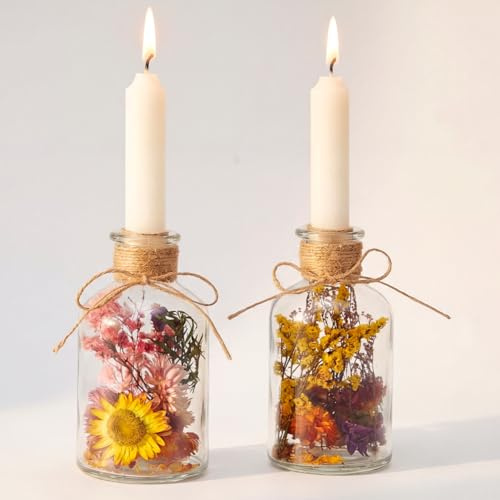 BBTO Trockenblumen im Glas mit Kerzen 2 Set Getrocknete Blumen Deko | Kerzenhalter Flaschen, Vase mit Trockenblumen Herbst, Deko Kerzen Glas, DIY Weihnachten Geburtstag Geschenke für Frauen