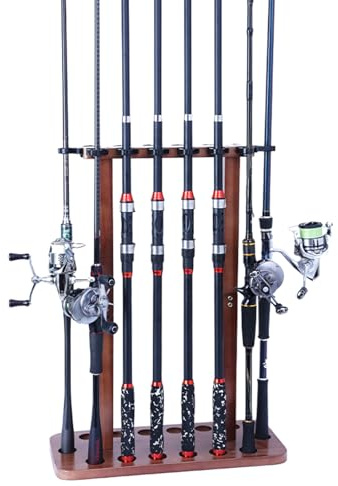 GMBYLBY Porta Canne da Pesca Supporto da Pavimento Verticale per Garage. Portapacchi in Legno può Contenere a 8/14 Organizzatori Canne Dimensioni Multiple