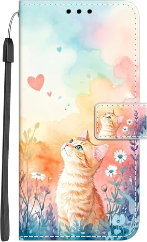Xkladz Hülle für iPhone 16 Silikon Handyhülle Flip Cover mit Motiv für Mädchen Junge Klapphülle Klappbar Case PU Leder Schutzhülle Stoßfeste Handytasche Lederhülle, Blume Katze