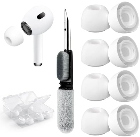 4 Paar Replacement Ear Tips Kompatibel mit AirPods Pro und AirPods Pro 2 mit Lärmreduzierung Loch, Silikon Ersatz Ohreinsätze Tragegefühl mit Reinigungsset und Tragbarem Aufbewahrungskasten (M)-Weiß