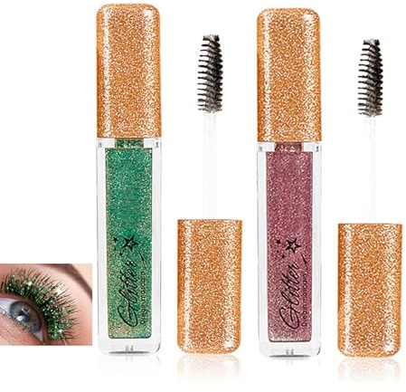 Glitter Mascara With Green & Plum Purple Shades For Dimensional Sparkle - Voluminous Lashes With Shimmering Formula & Spiral Brush Wand For Evening Events & Parties, Festive Makeup, Long-Lasting