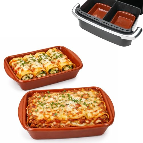 MamboCat 2er Set Airfryer Tonschalen rechteckig I (LxB) 20x14,5cm, 350ml I Auflaufform aus Ton I Ofenform für Heißluftfritteuse I Auflauf Dessert Gemüse Fleisch