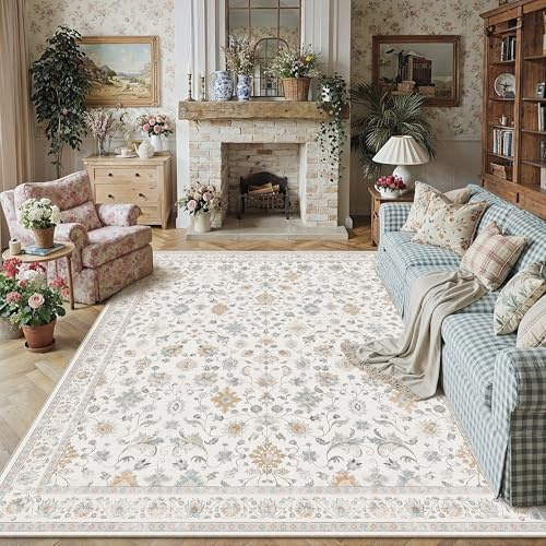 PureCozy Teppich Wohnzimmer 200x300cm Waschbarer Teppiche,Grau | Blumenmuster,Waschbar, Rutschfest, Kurzflor, Weich, Schlafzimmer, Esszimmer, Büro, Flur, Kinderzimmer