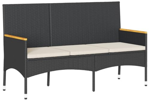 HFXHIJXQ Gartenbank 3-Sitzer Poly-Rattan Schwarz 140 cm wetterfeste Sitzbank für Balkon Garten Terrasse mit cremeweißen Auflagen Modernes Design Robust und Langlebig für Outdoor Lounge