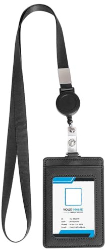 ASISUN Porte Badge en Cuir PU, Porte-Badge avec 3 Emplacements pour Carte et Fenêtre Transparente Tour de Cou,Noir Cordon Rétractable pour Le Travail L'école