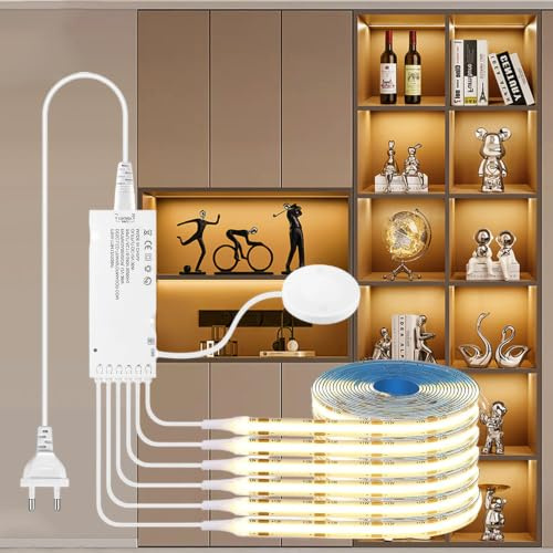 RNPKZ 12V COB LED Streifen, 6 Rollen 2M Warmweiß COB LED Strip, Akustikpaneele LED mit Berühren und Hand Sweep Dimmschalter für Schrank, Vitrine, Küche, Regal, Weinschrank und Regalbeleuchtung